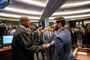 Judge Andre Birotte shaking the hand of a male student while a queue forms behind them in the auditorium
