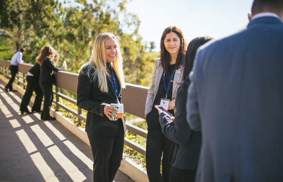 JD students speak on the terrace at Pepperdine Caruso School of Law