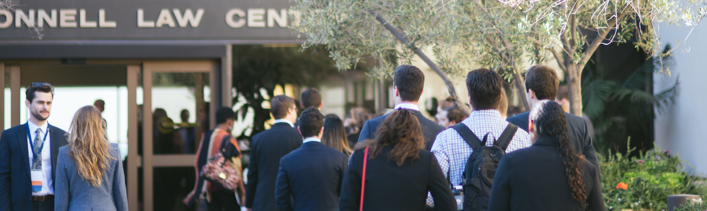 students in line outside of the Caruso School of Law in Malibu