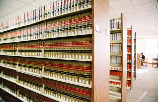 Bookshelves in the Caruso Law Harnish Law Library