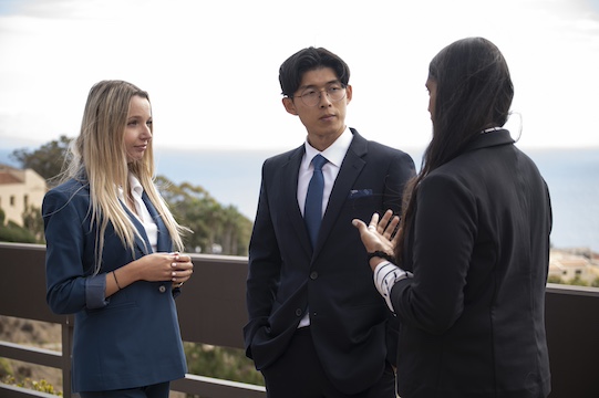 international students in the LLM in Dispute Resolution program talking at the Malibu campus