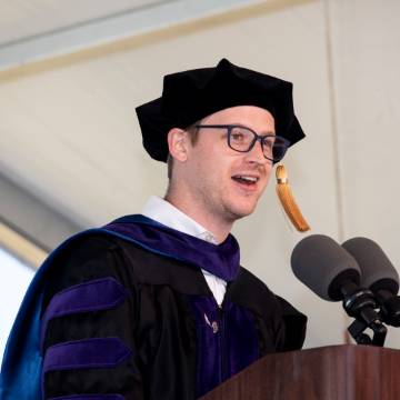 Zachary Carstens delivering student address at the Class of 2021 commencement