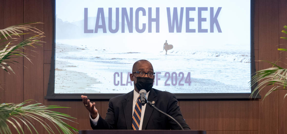 Judge Andre Birotte addresses students during Launch Week 2021