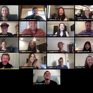 Seventeen people pictured in a Zoom call screenshot