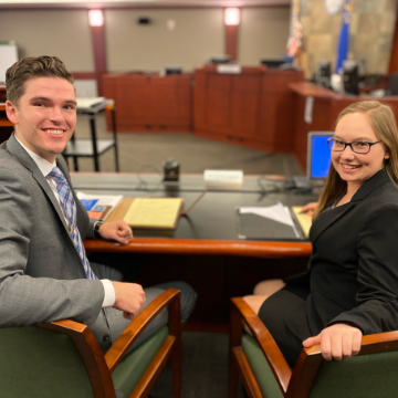 Karl Kleppe and Rebecca Voth in courtroom