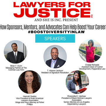 a flyer for the lawyers for justice and she is inc online event